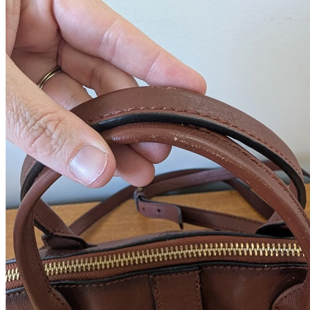 Frye Melissa Leather Satchel Cognac Brown Crossbody Bag Brass Ring Detail